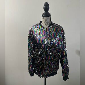 Cresay Women's Rainbow Sequin Bomber Jacket